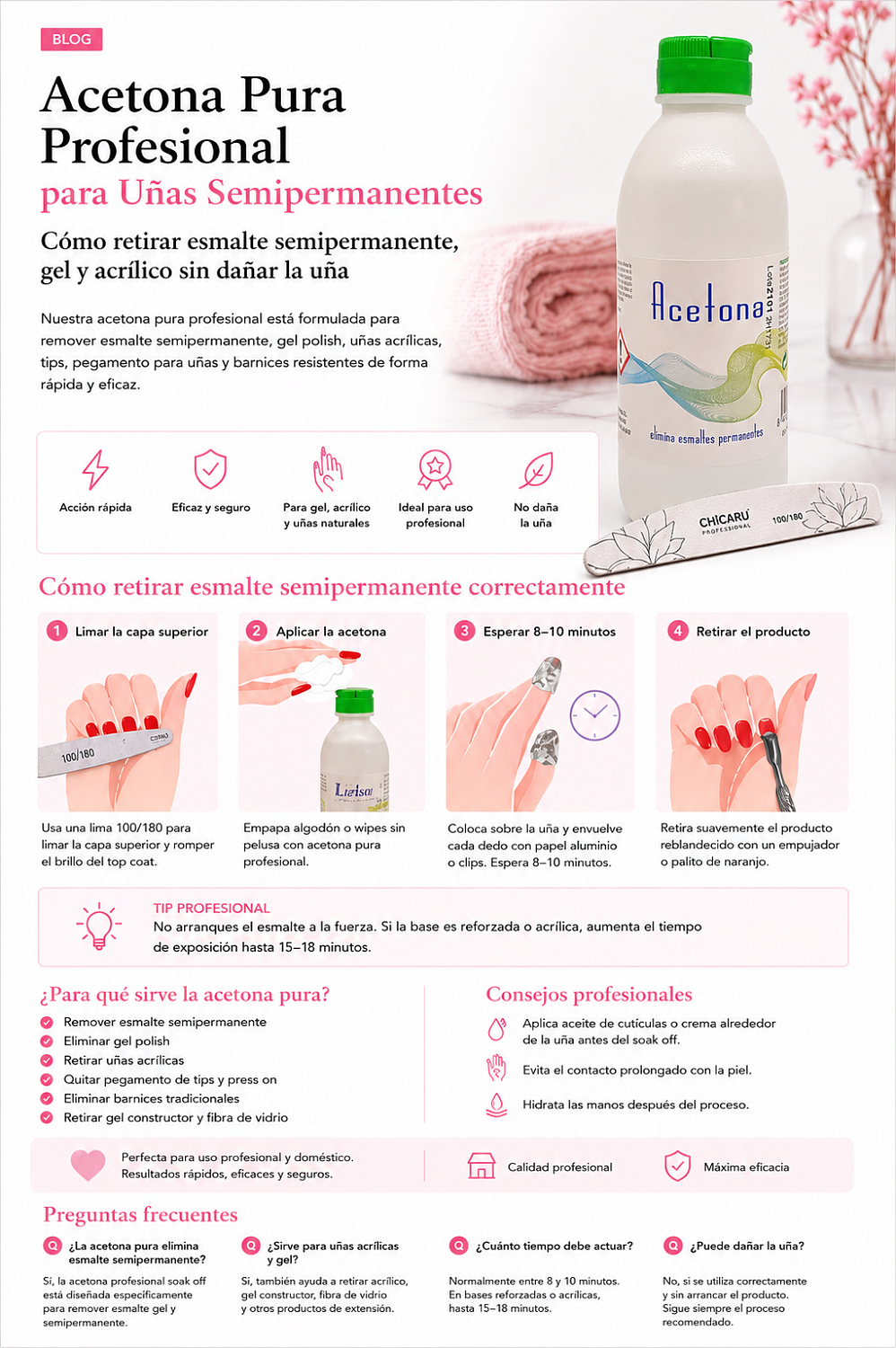 Cómo elegir una acetona profesional para retirar esmalte semipermanente, gel y uñas acrílicas