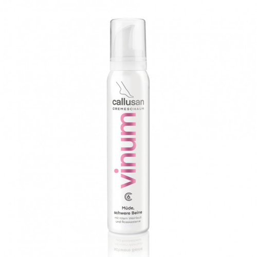 Callusan cream mousse VINUM Relajante 125 ml.
Crema en espuma. Ideal para el cuidado perfecto de piernas cansadas y pesadas. 3% Urea. Relajante.